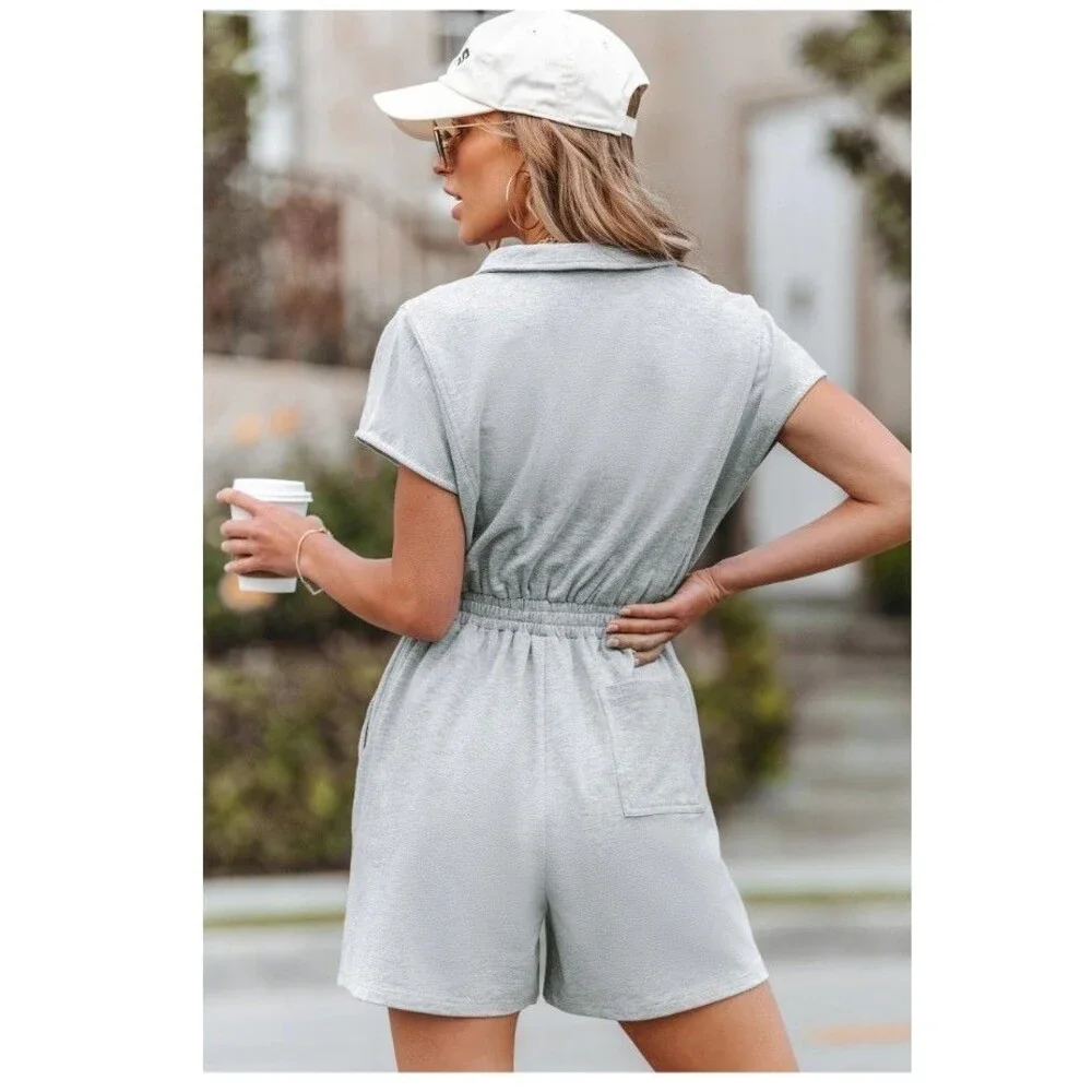 POPVIL Heathered Knit Romper Womens XL NWT Gray Half Zip Short Sleeve Jumpsuit
